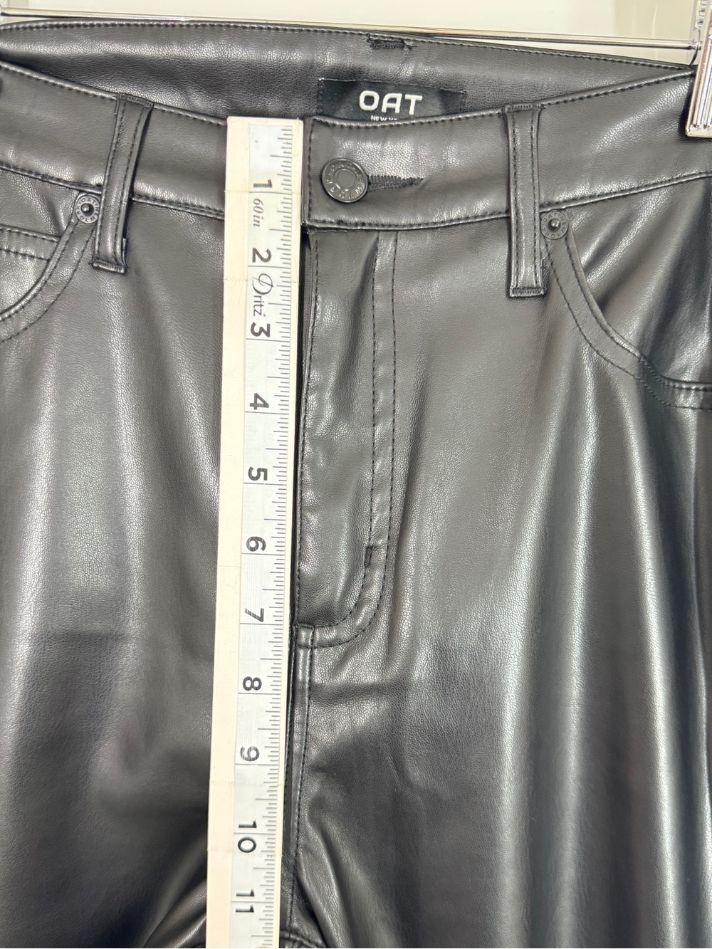OAT Women High Rise Flare Faux Leather Pants Black Vegan Leather Y2K Retro Chic - Picture 7 of 10